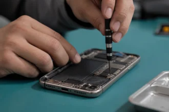 Technician hands inspecting an unbranded smartphone with precision tools on a repair bench, editorial illustration