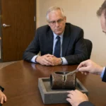 Neutral arbitrator reviewing blank submissions from two parties at a conference table