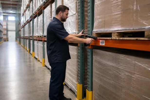 Warehouse manager reviewing inventory beside organized shipping pallets