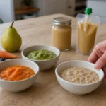 Bowls of orange, green, and oat baby food with a spoon on a sunlit kitchen table