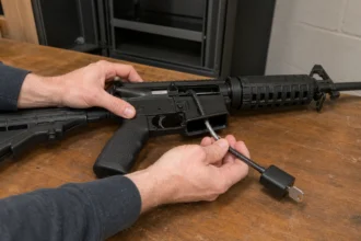 Locked sporting-arms cabinet, closed equipment case, and hearing protection in a secure room