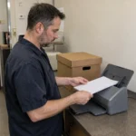 Small-business owner reviewing archived loan papers beside a laptop and organized financial records