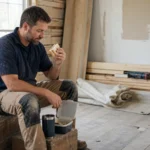 Two construction workers taking a lunch break beside a quiet worksite