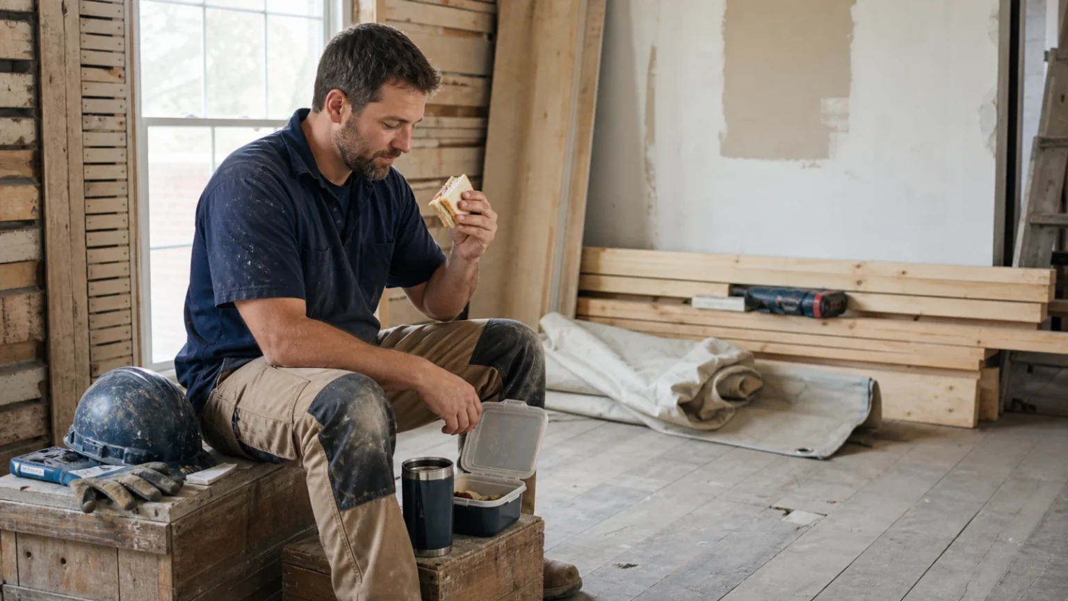 Two construction workers taking a lunch break beside a quiet worksite