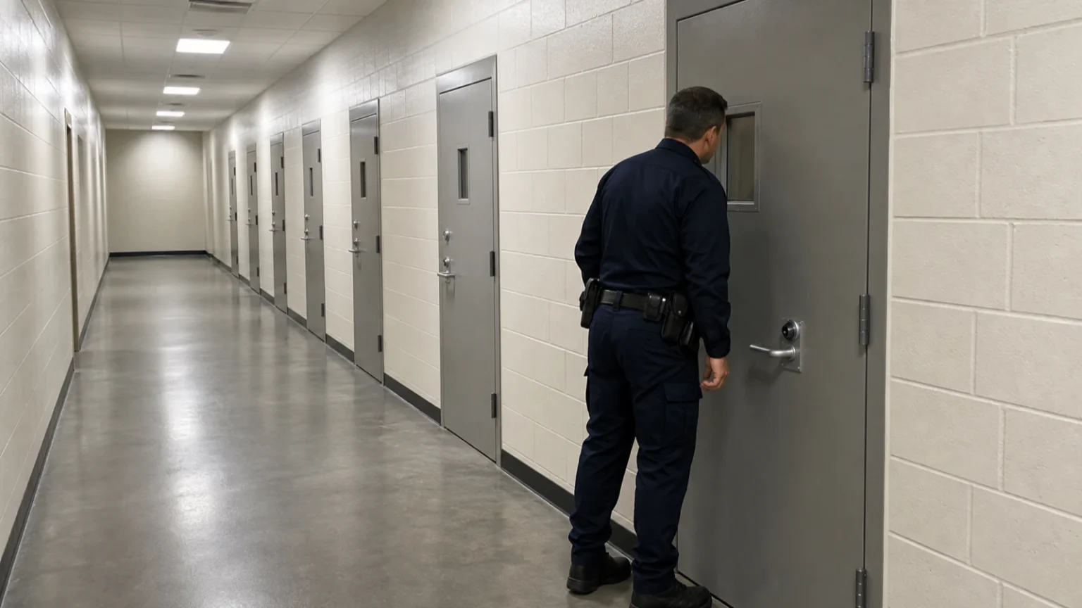 Secure single-cell corridor inside a quiet federal high-security prison unit