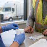 Gloved laboratory technician placing a blank specimen vial into a clear testing rack in an editorial illustration