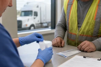 Gloved laboratory technician placing a blank specimen vial into a clear testing rack in an editorial illustration