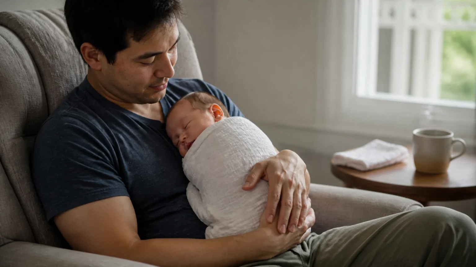 Editorial illustration of a parent holding an infant beside a rainy window with a work satchel nearby