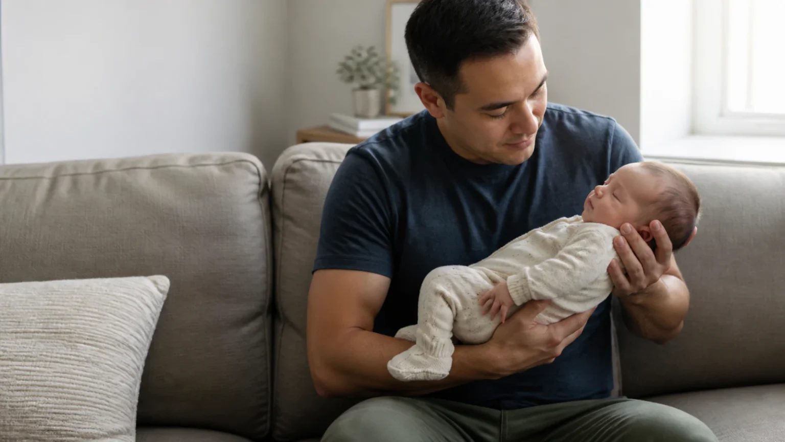 Parent holding a sleeping infant beside a closed laptop in a quiet home workspace