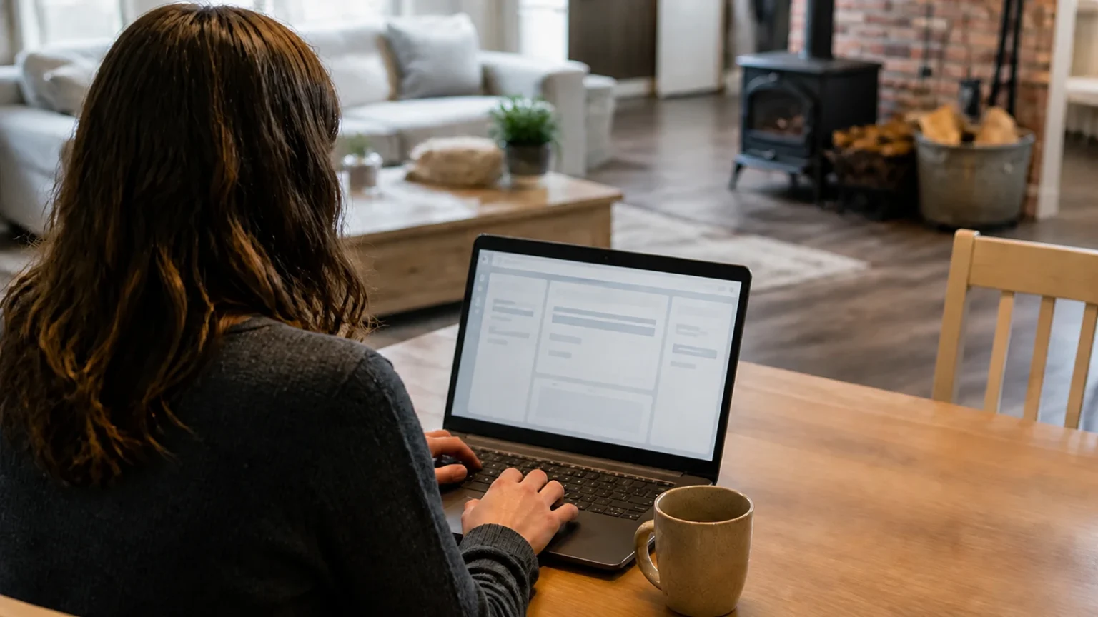 Editorial illustration of an anonymous person using an unbranded laptop at a home dining table