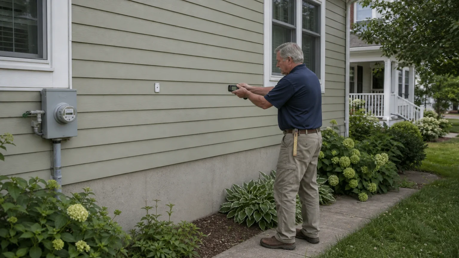 Property appraiser measuring the exterior corner of a house in an editorial illustration