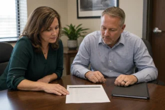 Three professionals in a calm workplace conference room conversation