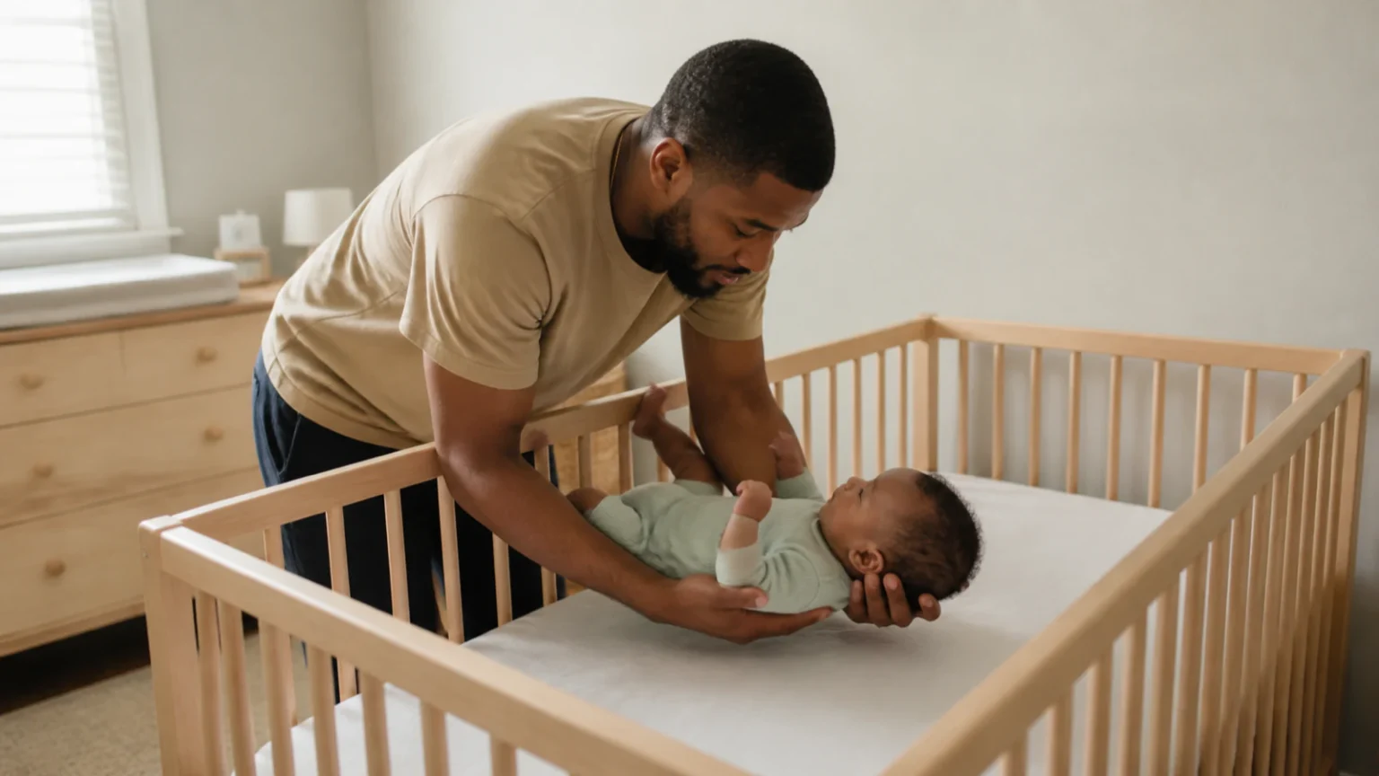 Editorial illustration of a father gently settling an infant into a crib in a softly lit nursery