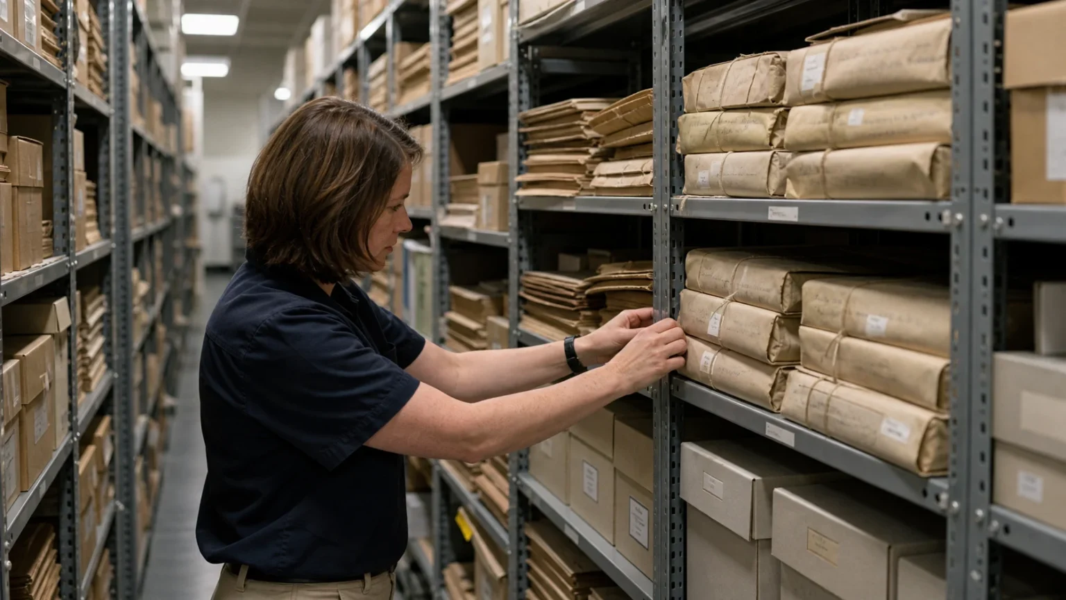 Archivist examining bundled records on shelves in a government archive aisle