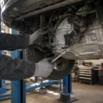 Technician connecting a diagnostic cable to an unbranded transmission control module beside a hatchback