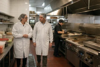 Business owner and legal adviser tour an empty retail space