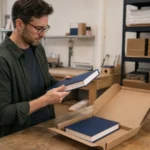 Author organizing a finished manuscript and original illustrations at a writing desk