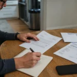 A person opens an empty brown wallet beside a few groceries and a face-down phone on a kitchen table.