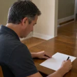Adult organizing a draft will and property notes at a quiet home desk