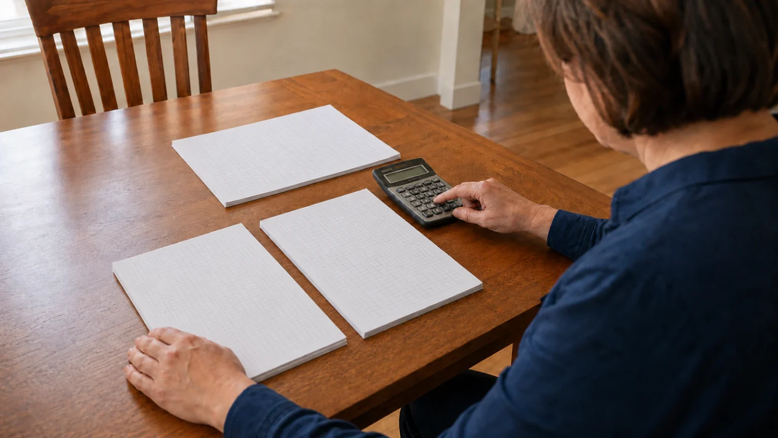 Two separate folders of financial papers arranged beside a calculator on a shared desk