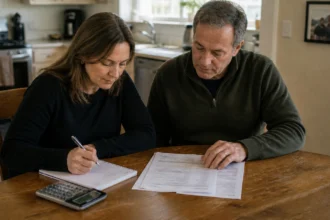 Editorial illustration of a homeowner comparing two blank pages at a dining table with a house visible outside