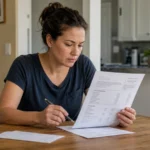 Hands sort blank mortgage account materials beside a wooden house model in three office trays.