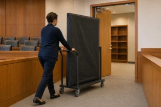 Attorney organizing an evidence exhibit before a federal trial hearing