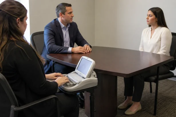 Two attorneys reviewing incomplete discovery files across a conference table