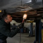 Vehicle owner and technician examining a crossover wheel in an automotive service bay