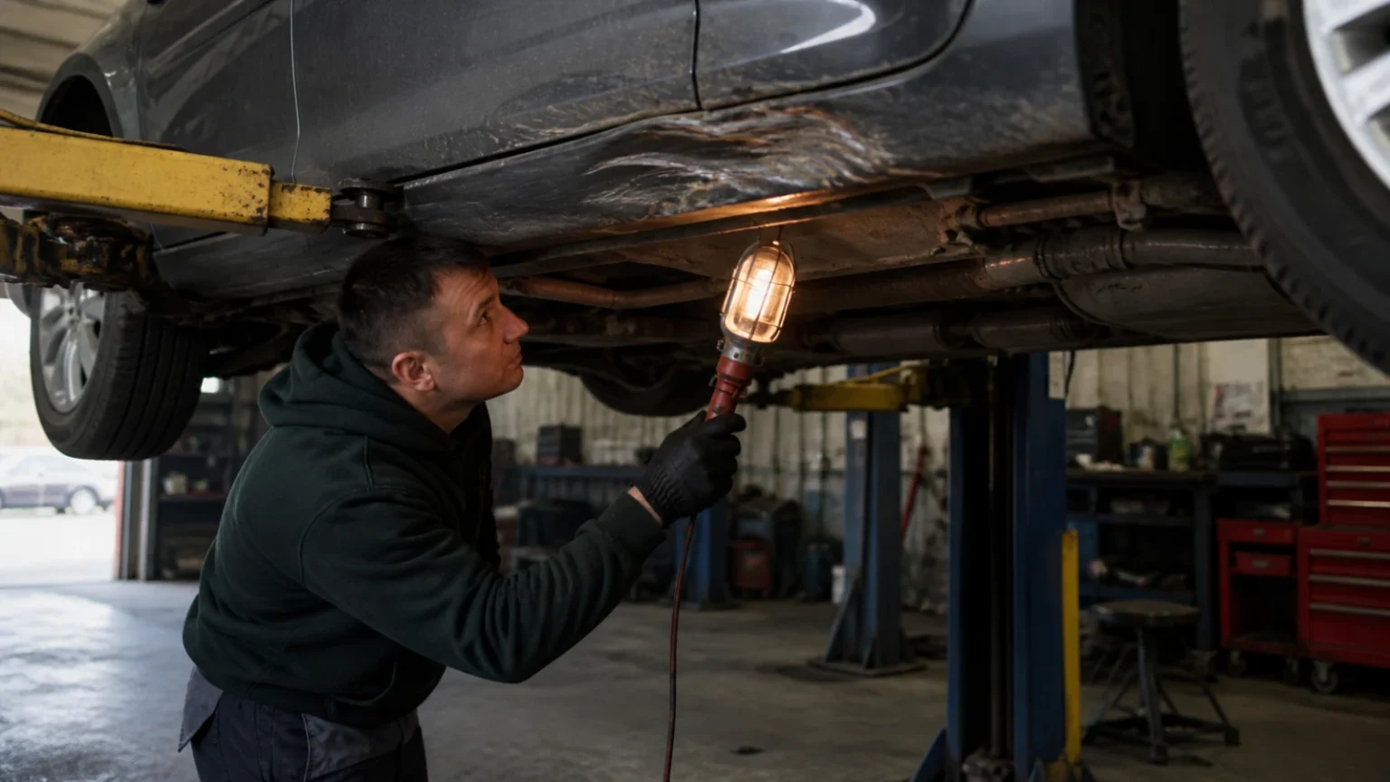 Vehicle owner and technician examining a crossover wheel in an automotive service bay