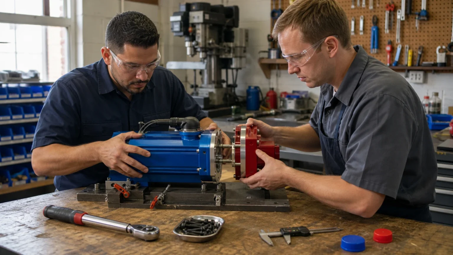 Two collaborators aligning complementary prototype pieces on a workshop table in an editorial illustration