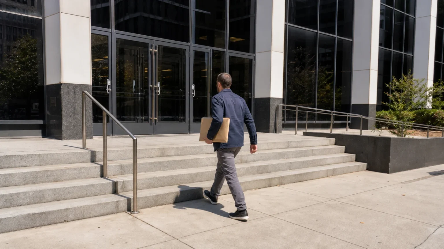 New York business owner reviewing entity records at a government service desk