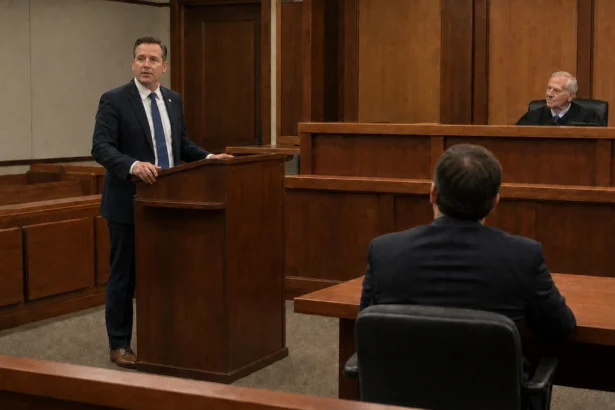 Attorney presenting a calm trial overview while jurors listen in a modern courtroom