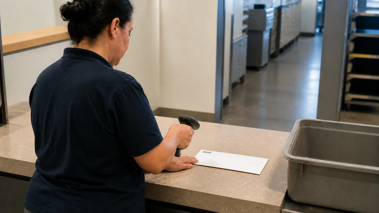 Hands reviewing blank payment terms beside a receipt folder and envelope