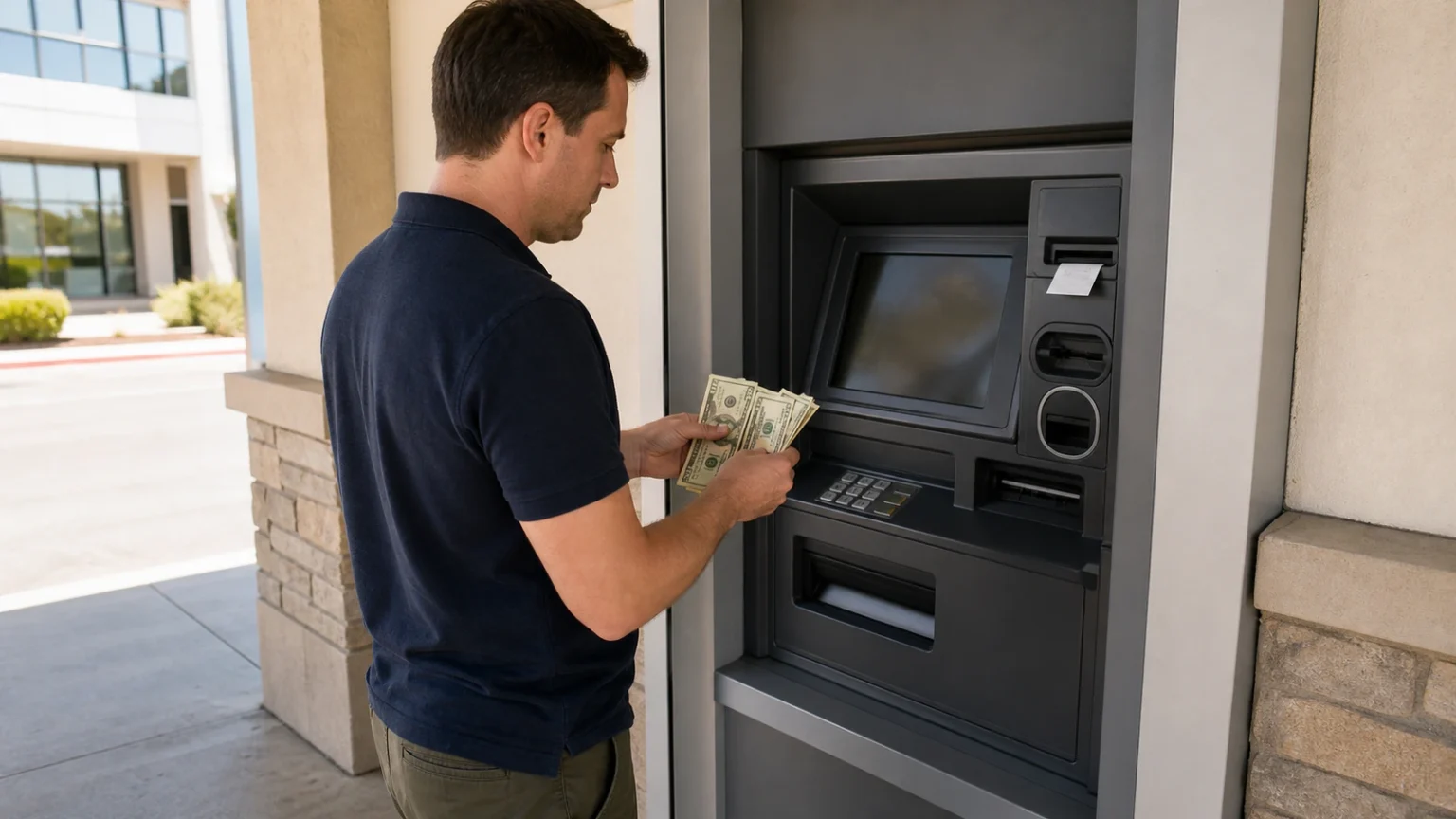 Person reviewing a bank statement beside a phone and debit card in a calm home workspace