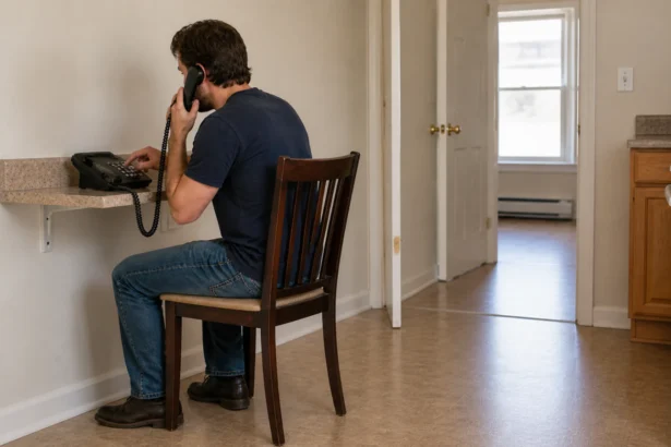 Rhode Island worker reviewing historical unemployment records at a coastal home desk