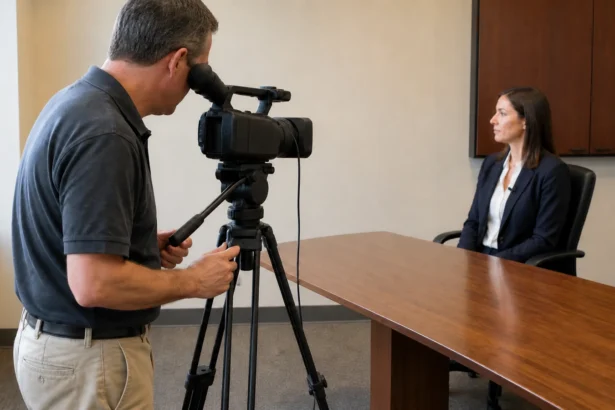 Attorney reviewing a deposition transcript beside a courtroom evidence folder