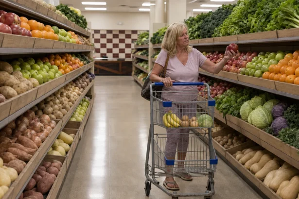 A shopper selecting an apple beside a grocery cart in a produce aisle, editorial illustration