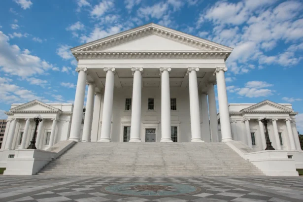 Editorial illustration of the Virginia State Capitol, showing its white columns, broad steps, and public plaza.