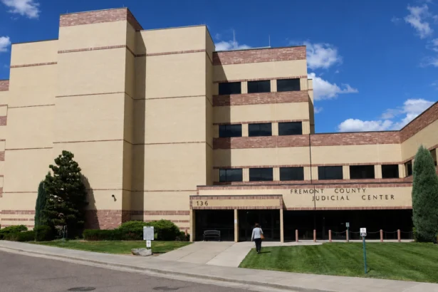 County judicial-center exterior with a visitor approaching the entrance, editorial illustration