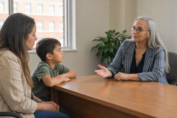 Two adults and a child having a conversation across an office desk, editorial illustration