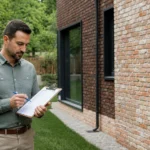 Editorial illustration of an appraiser recording property observations beside a brick house.
