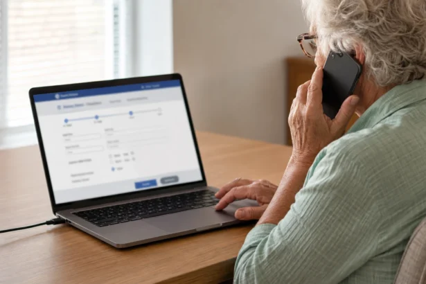 Older adult using a laptop while speaking on a phone at a home desk.