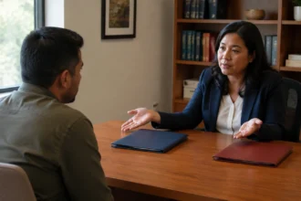 Two adults discussing an application across a desk with closed folders