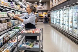 An older grocery employee stocking packaged food on a shelf beside a supply cart.