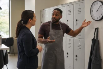 Two adults discussing work beside employee lockers and a wall clock.