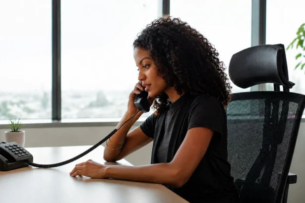 A woman speaking on a corded office telephone at a desk beside bright windows.