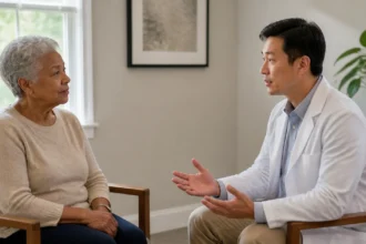 Older patient listening to a physician during a seated conversation in a clinical room.
