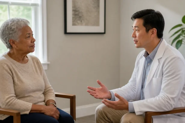 Older patient listening to a physician during a seated conversation in a clinical room.