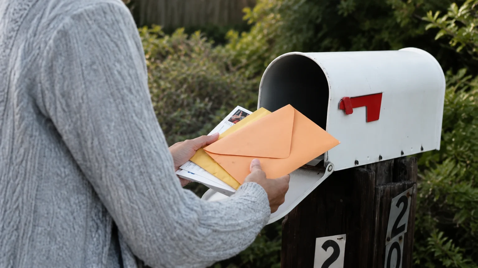 Editorial illustration of a person collecting closed mail from an open curbside mailbox.